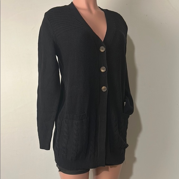 KAREN SCOTT Black Three Buttons Cardigan Sweater Women’s Pockets Size Small S - Picture 2 of 9